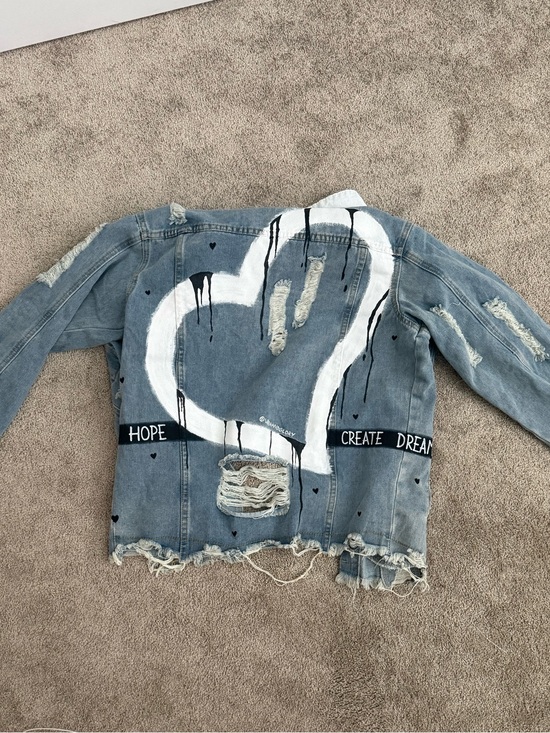 Wren + Glory Jackets & Blazers - Distressed Light Blue Denim Jacket with White Heart Graphic